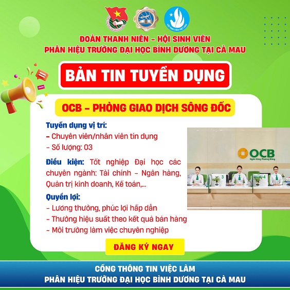 OCB - PHÒNG GIAO DỊCH SÔNG ĐỐC TUYỂN DỤNG