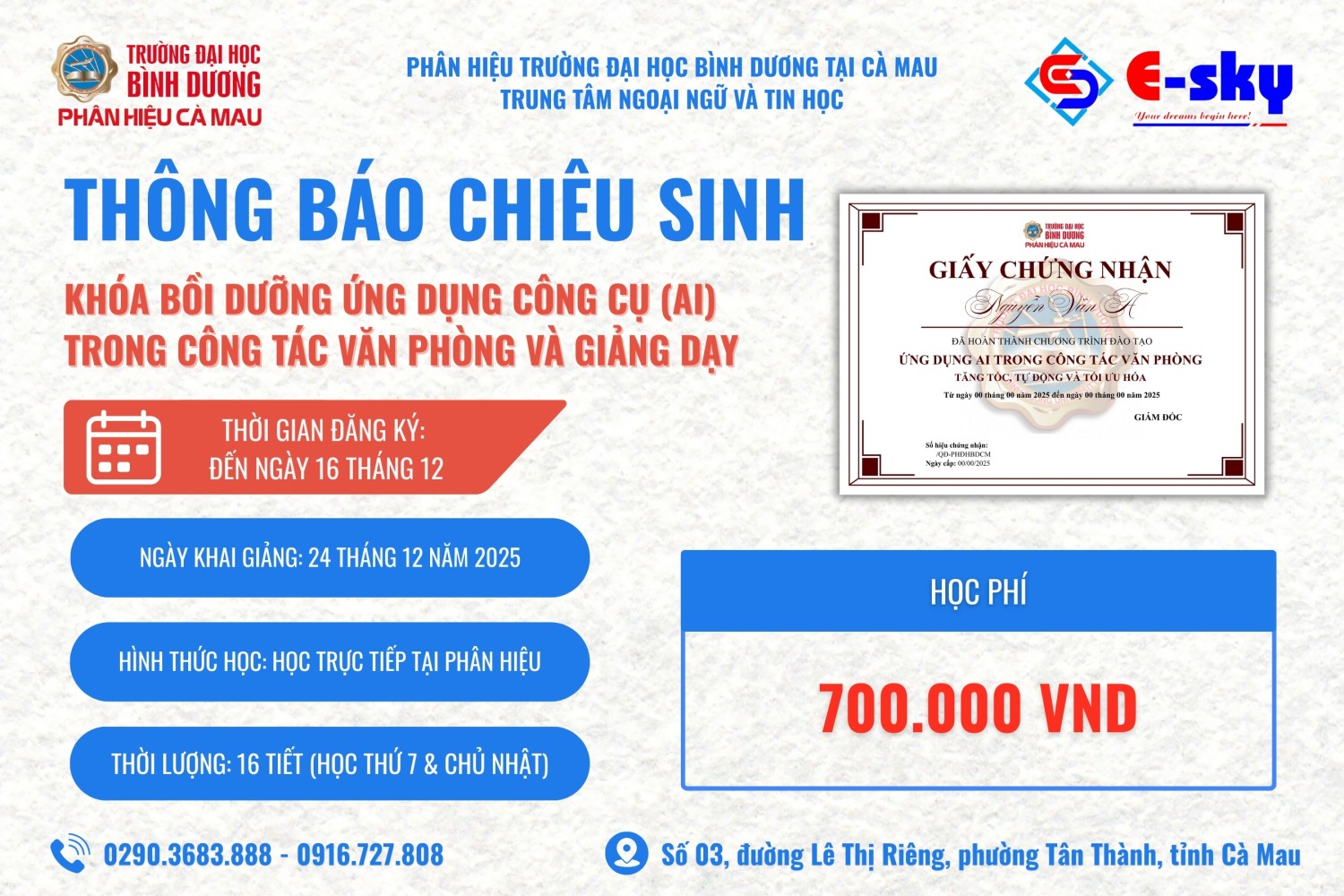 THÔNG BÁO CHIÊU SINH LỚP “ỨNG DỤNG AI TRONG CÔNG TÁC VĂN PHÒNG VÀ GIẢNG DẠY” 
